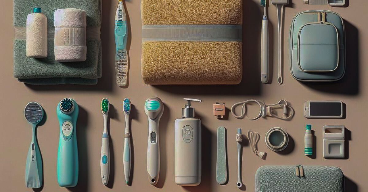 a variety of toothbrushes and other personal hygiene items are laid out on a table