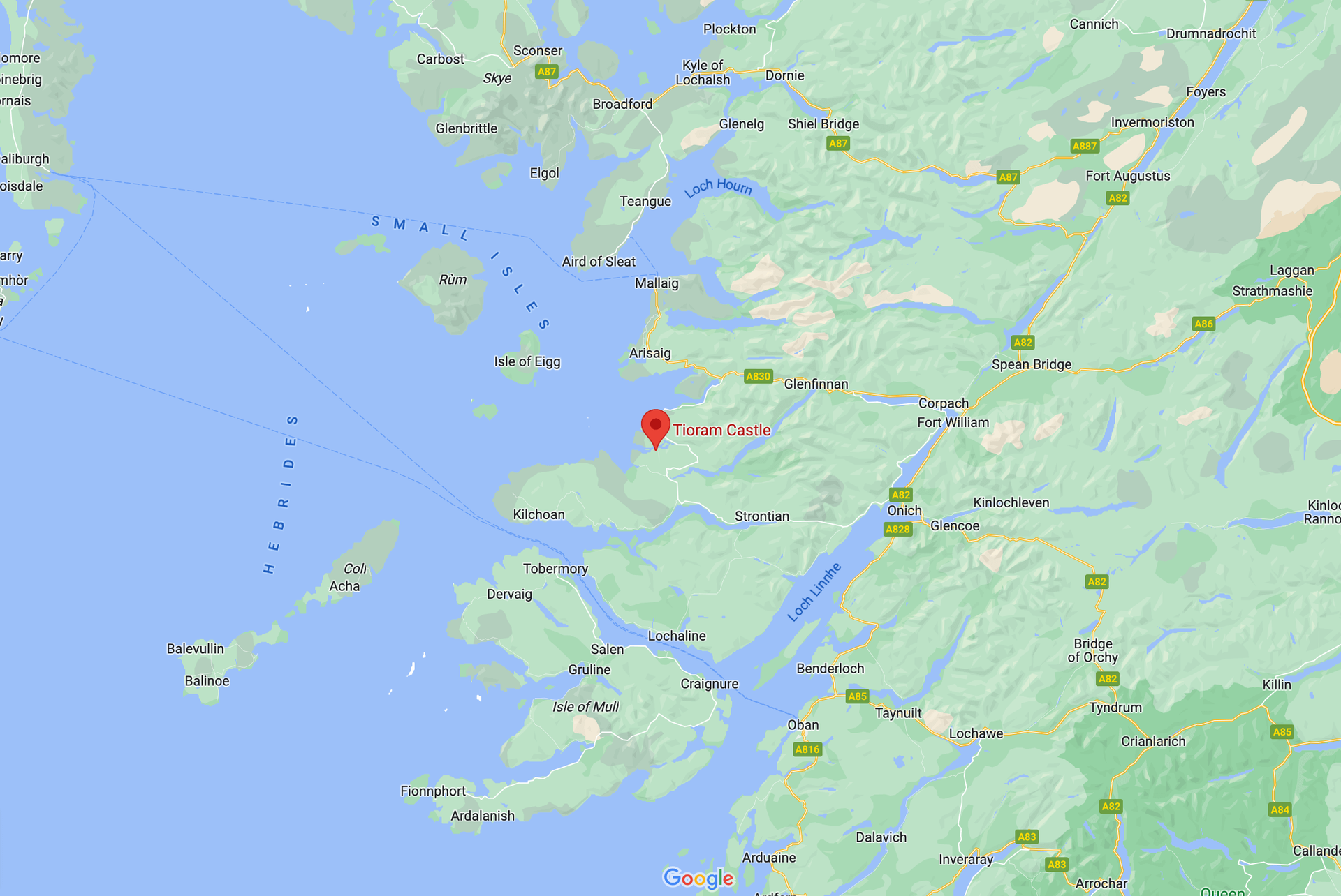 Pin Drop of where Castle Tioram is located