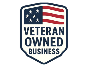 A veteran owned business logo with an american flag on it.