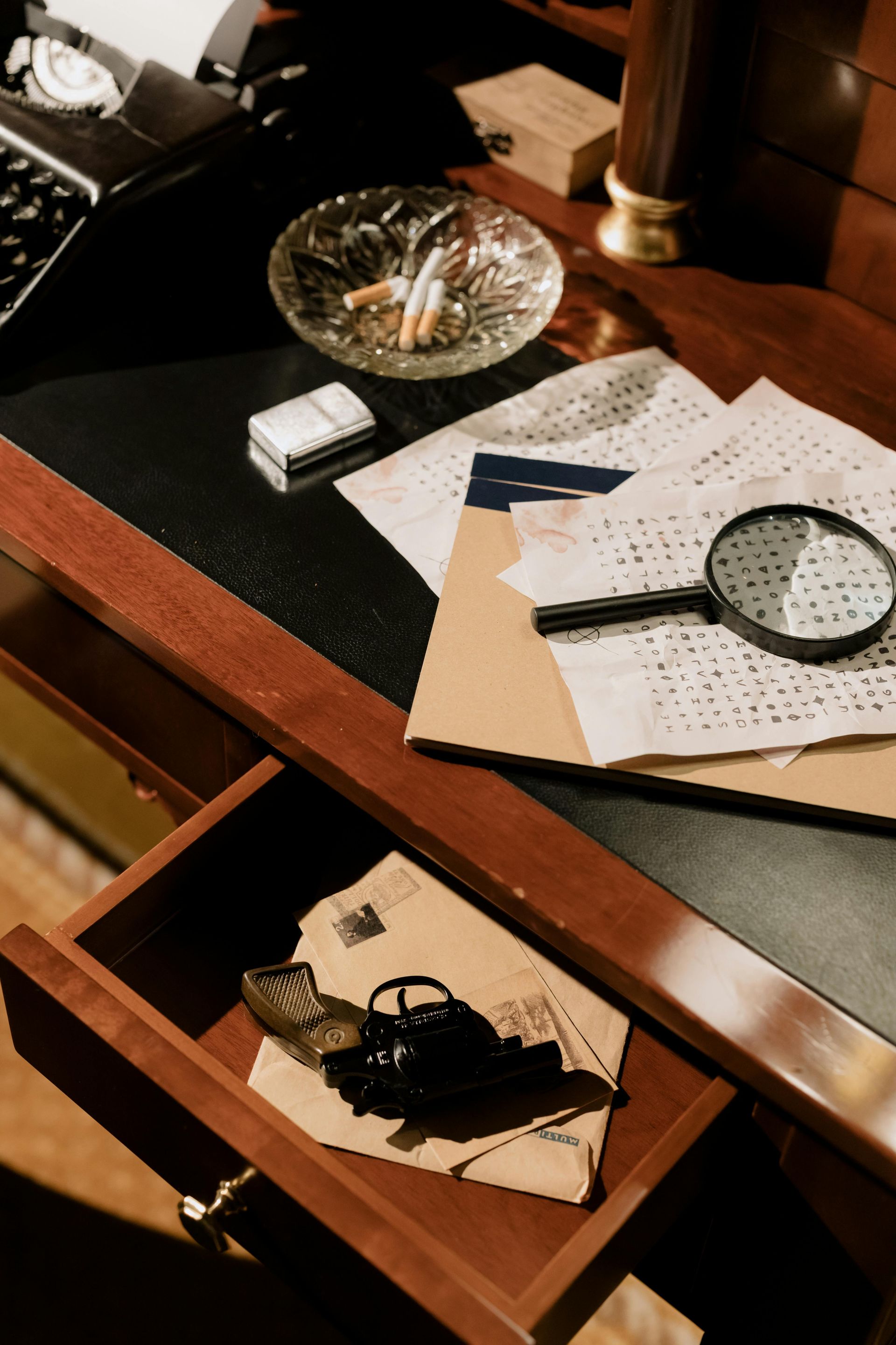 A desk with a magnifying glass and papers on it
