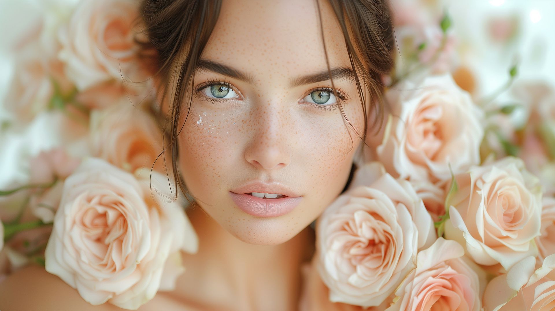 Eine Frau in einem Brautkleid hält eine Geschenkschachtel vor einer Wand aus weißen Blumen.