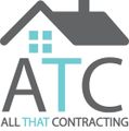 Logo for All That Contracting featuring a gray house roof above the letters