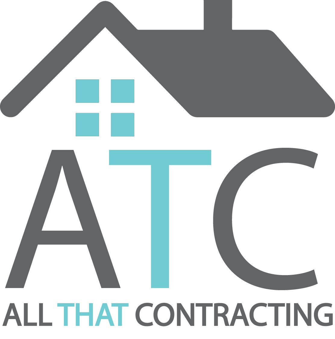 Logo for All That Contracting featuring a gray house roof above the letters 