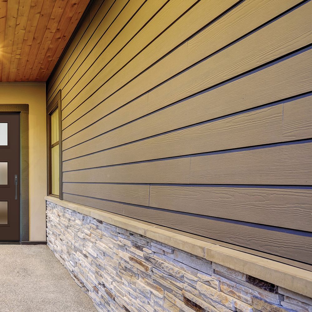 Exterior house with brown siding, stone facade, and wooden ceiling.