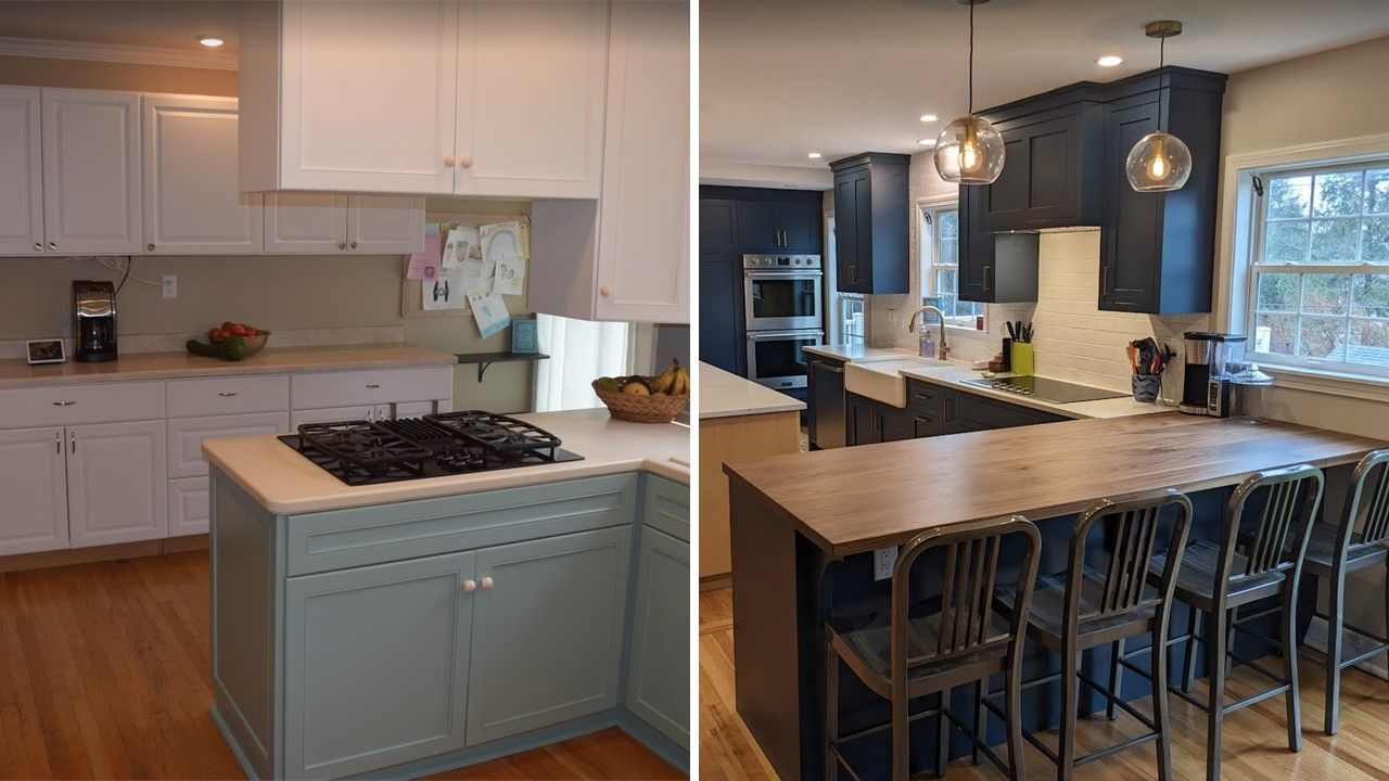 Kitchen renovation before and after: white to dark blue cabinets, new countertops, island with bar seating.