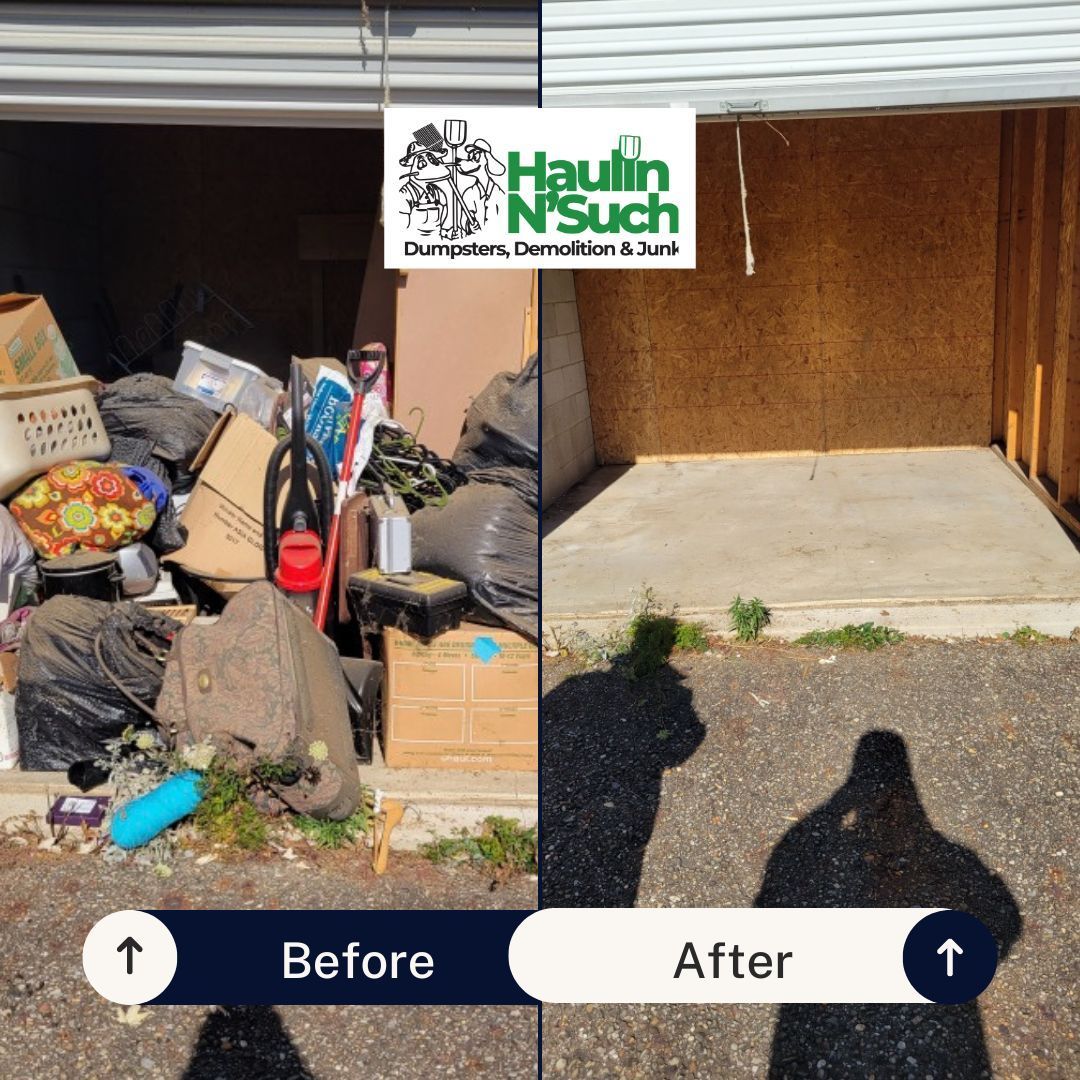 Before-and-after photo of a garage: one side is filled with junk, the other is completely cleared by Haulin N' Such.