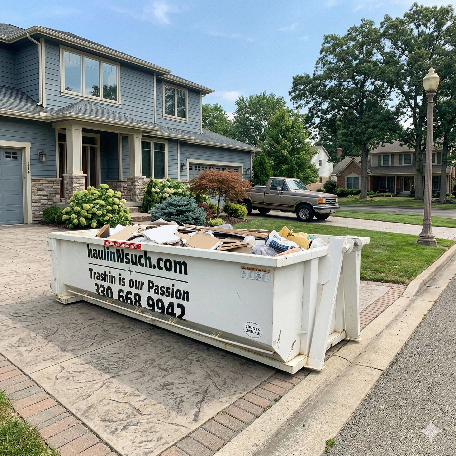 A blue heavy-duty dump truck with a large, bright green storage container parked on an asphalt lot near trees.