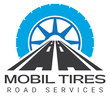 The logo for mobil tires road services shows a tire and a road.