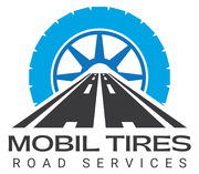 The logo for mobil tires road services shows a tire and a road.