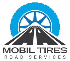 The logo for mobil tires road services shows a tire and a road.