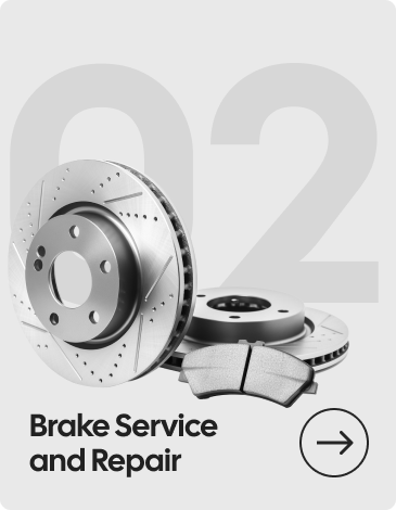 Brake rotors and pads, labeled "Brake Service and Repair," with an arrow indicating a call to action. | Bloomfield Garage