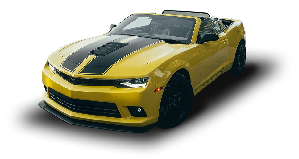 Yellow convertible car with black racing stripes. | Bloomfield Garage