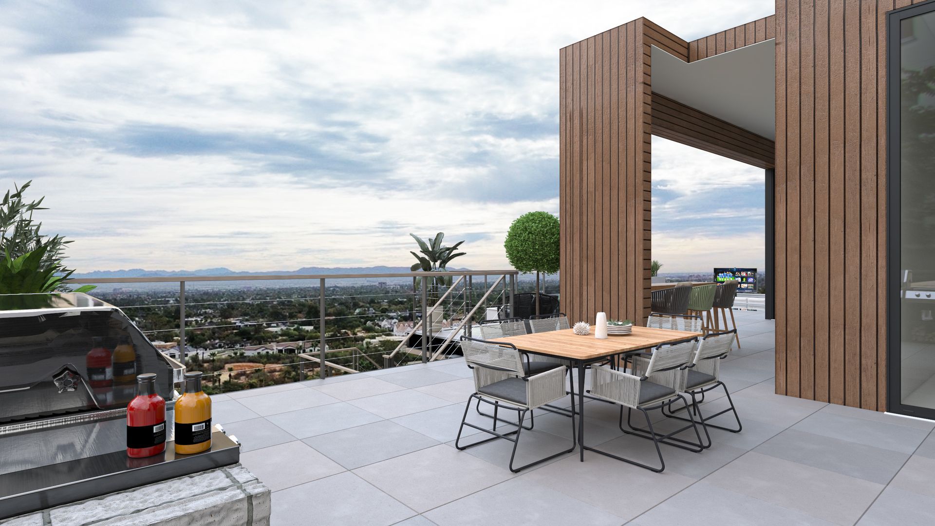 An artist 's impression of a patio with a table and chairs and a grill.