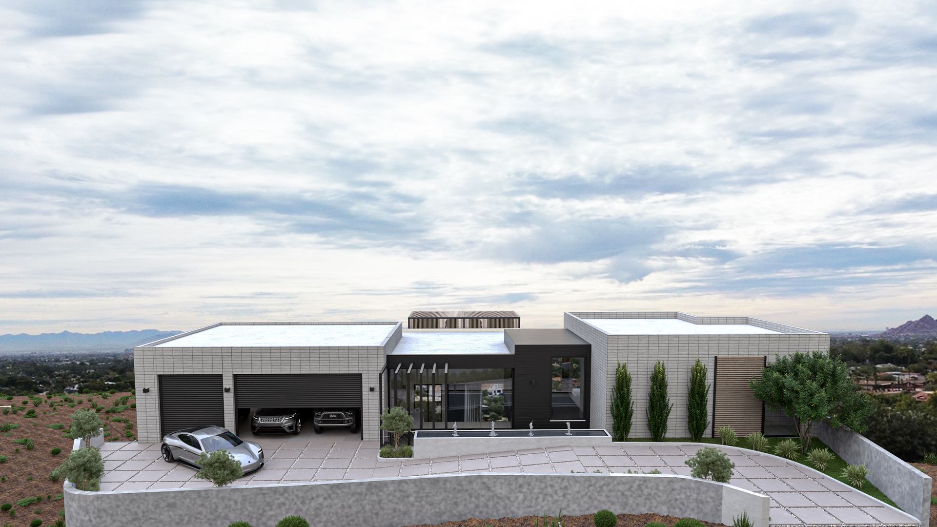 An aerial view of a modern house with a car parked in front of it.