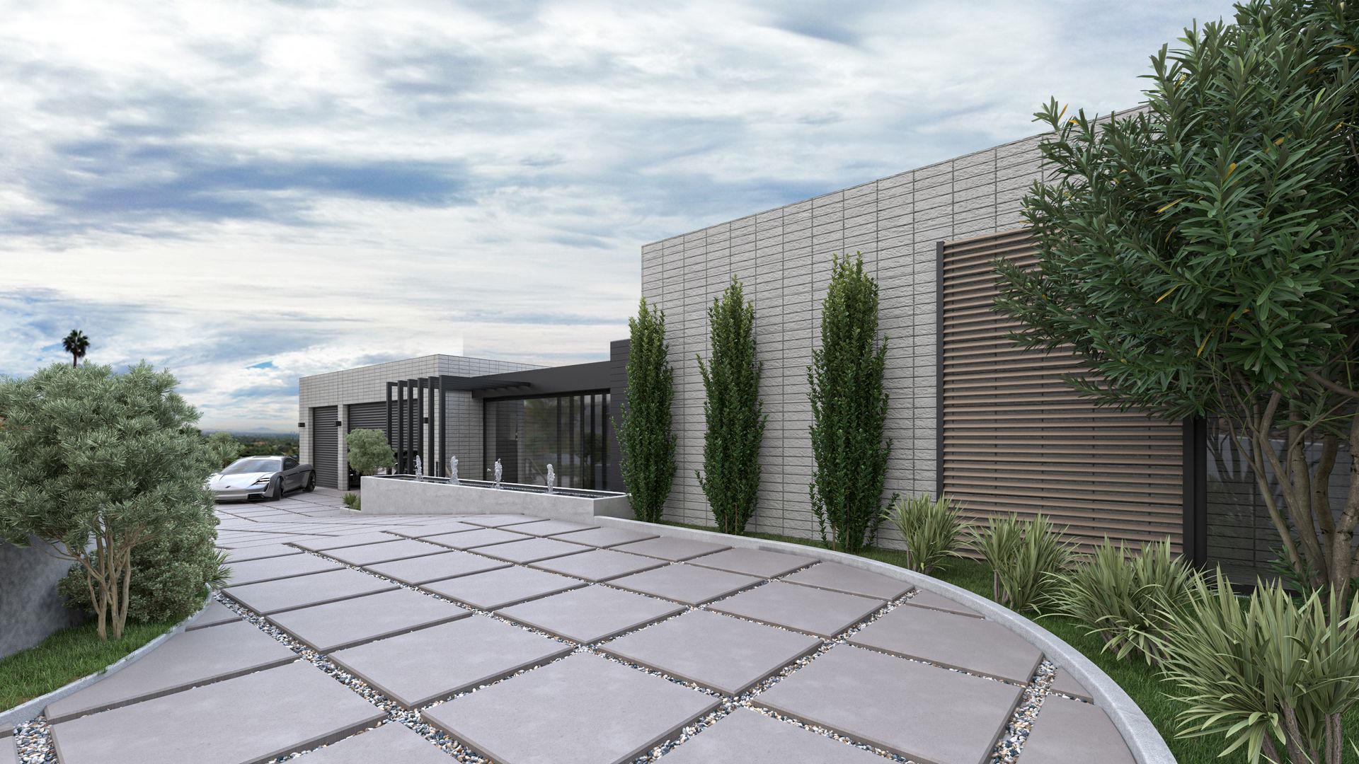 An artist 's impression of a modern house with a car parked in front of it.