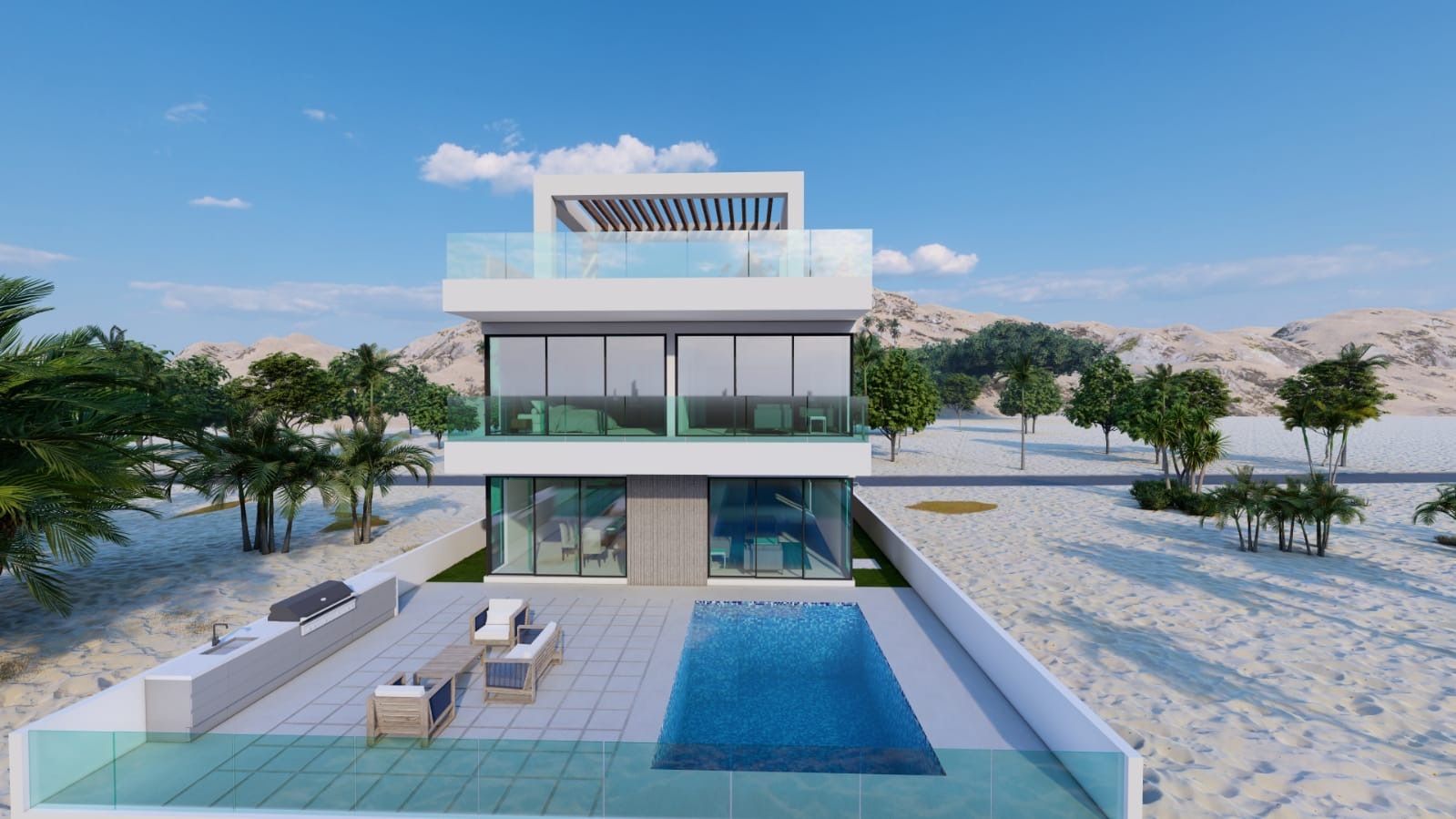 An aerial view of a house with a swimming pool in the middle of a desert.