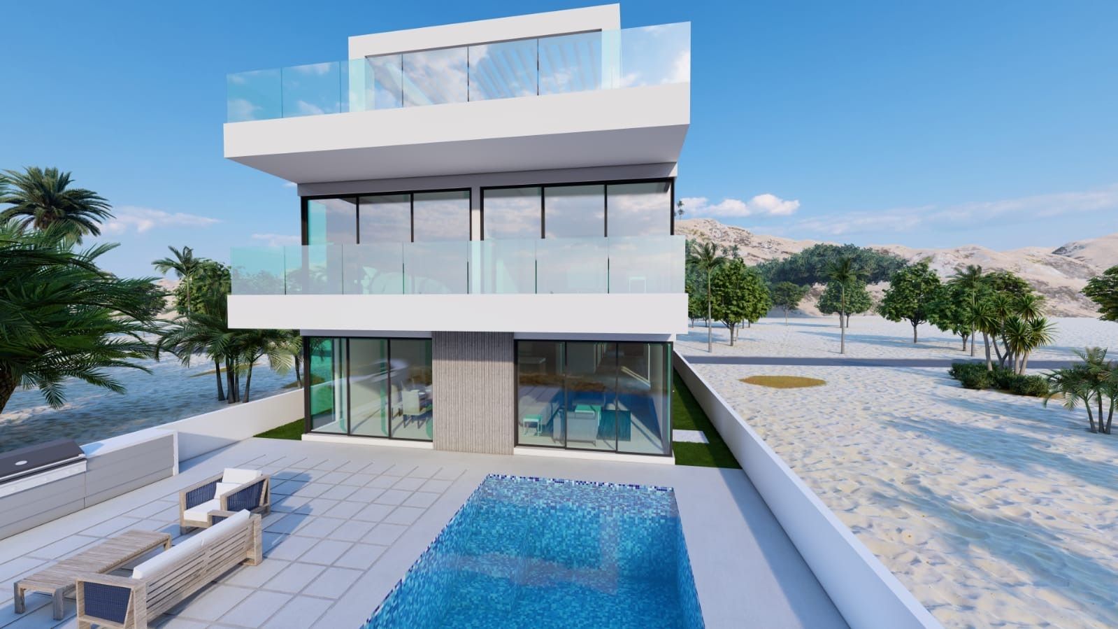 An artist 's impression of a house with a swimming pool.