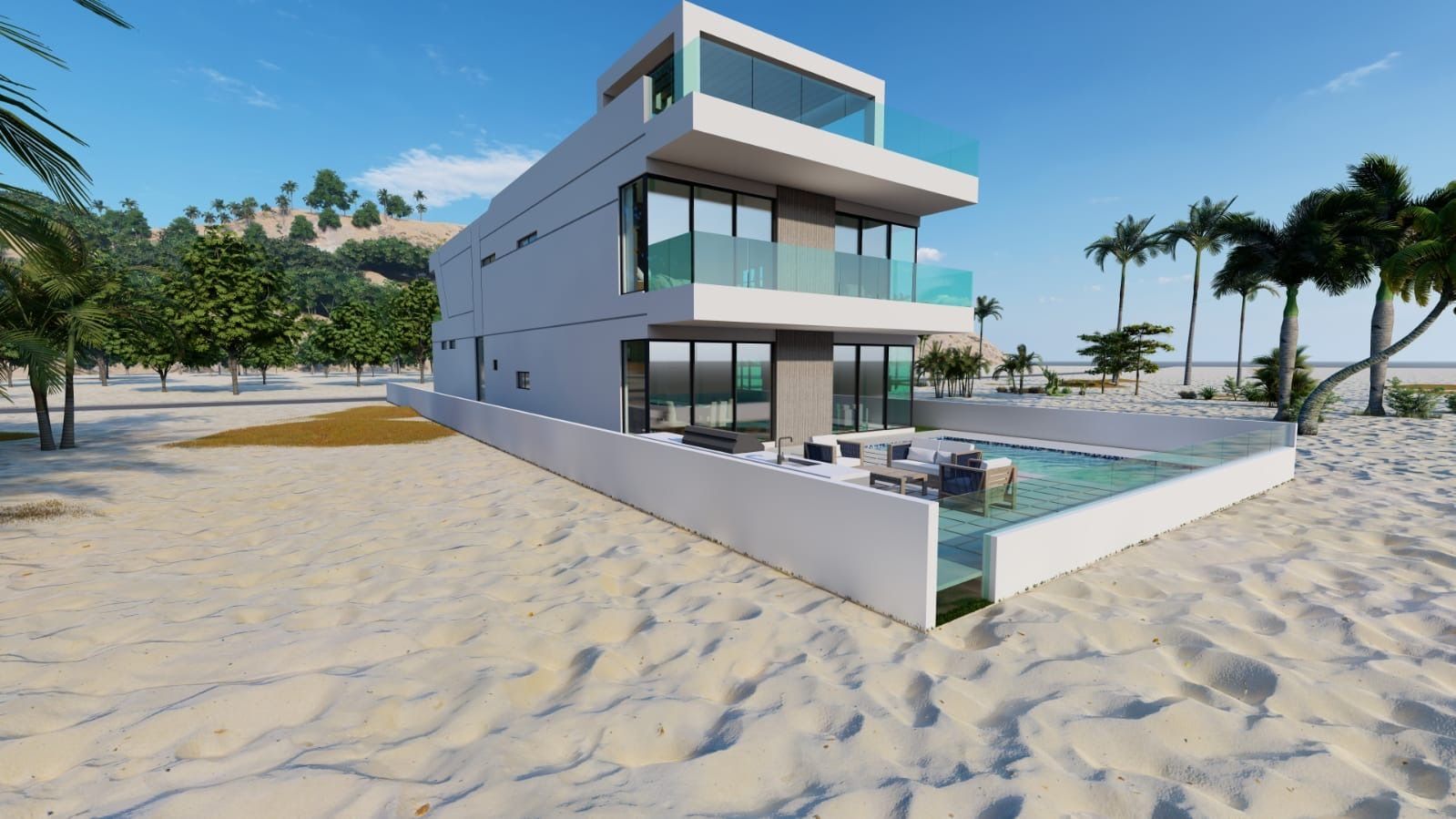 A large white house is sitting on top of a sandy beach.