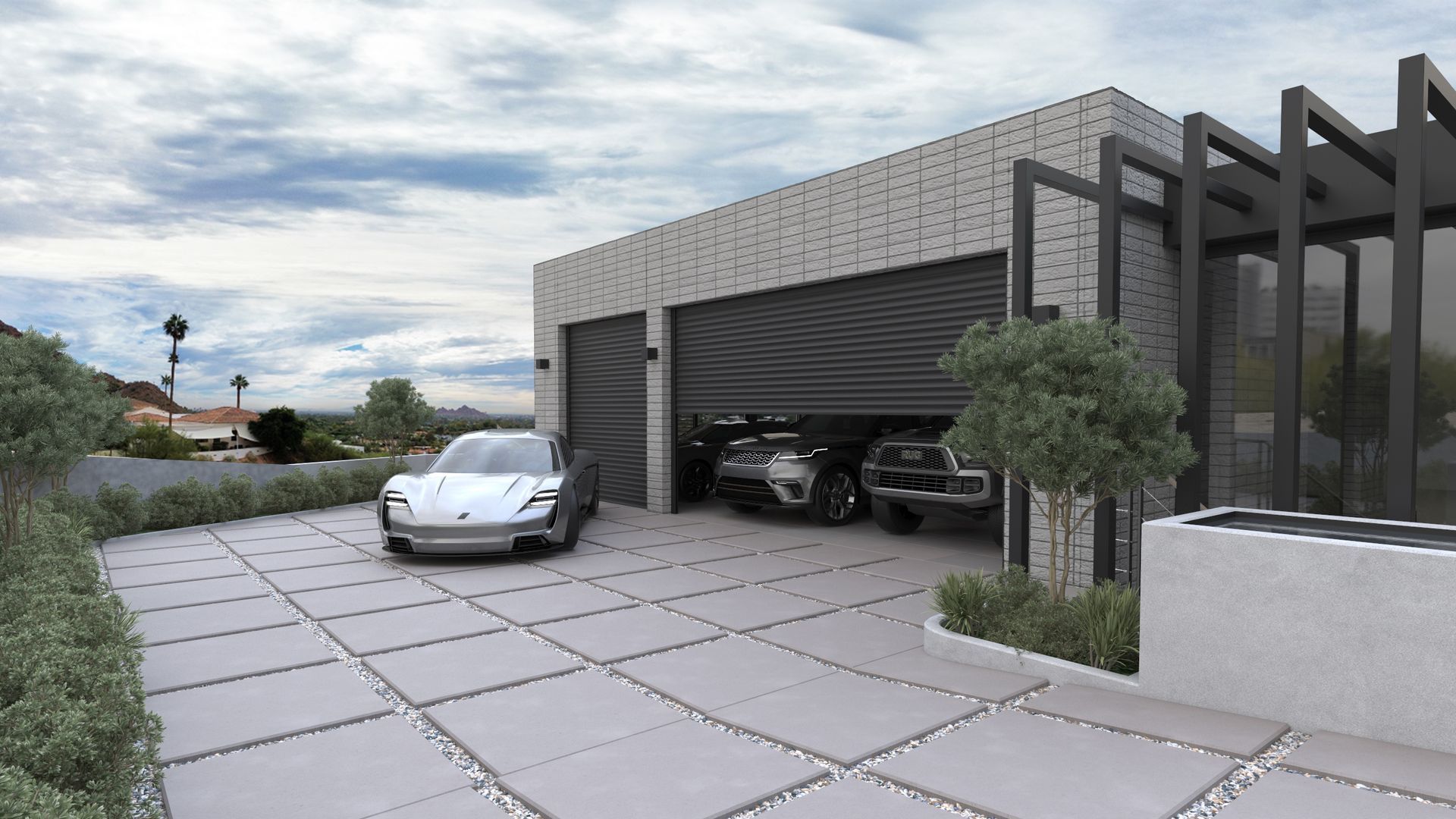 A car is parked in a driveway next to a garage.