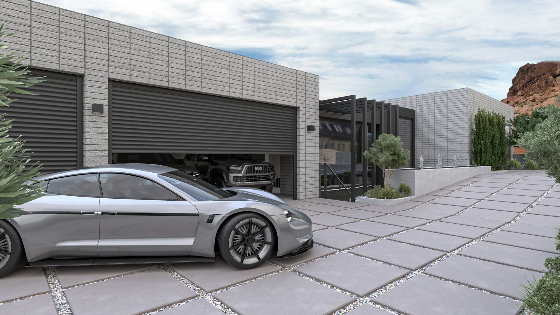 A silver sports car is parked in front of a garage.