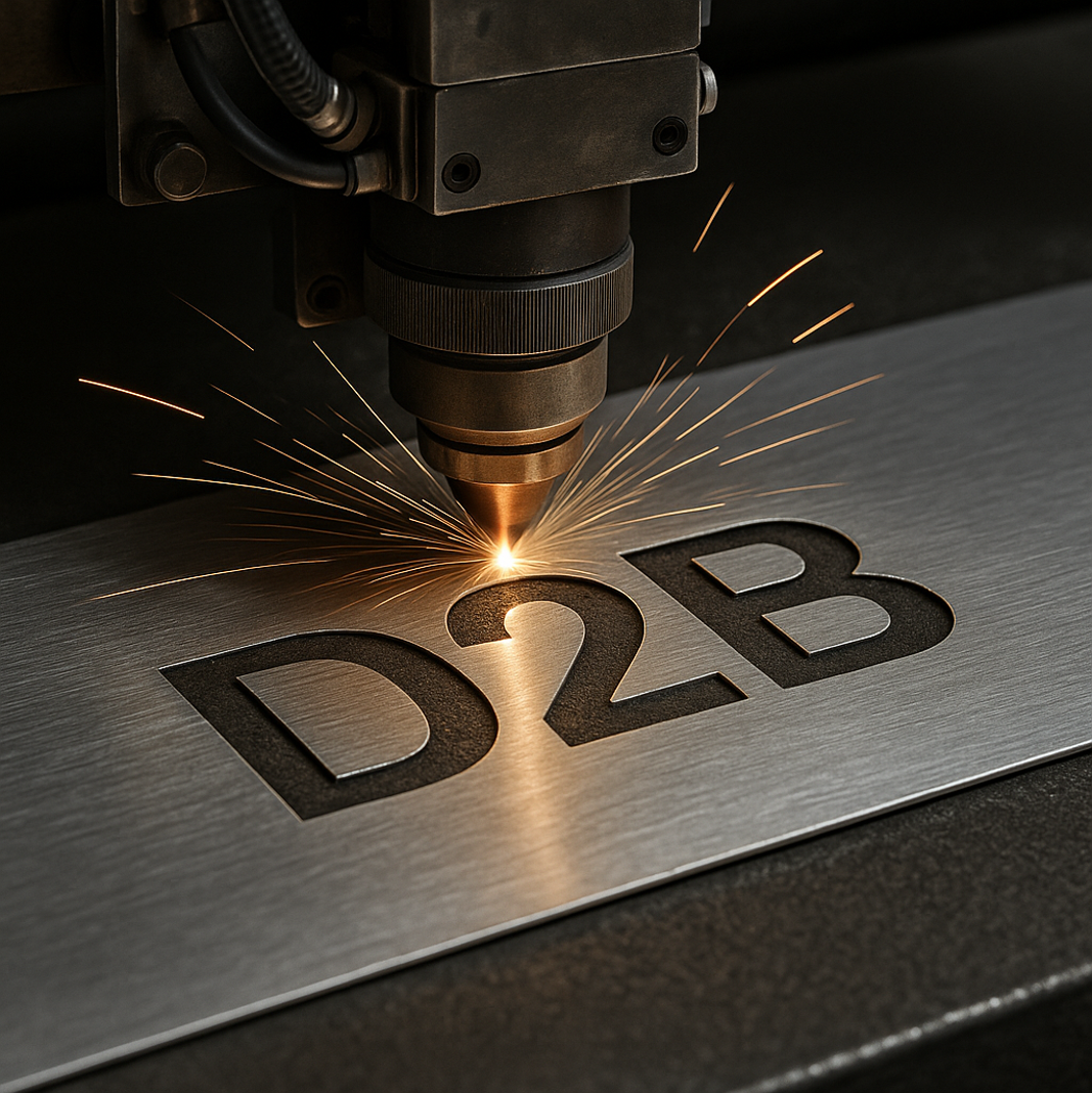 A machine is cutting a piece of metal with the word d2b on it.