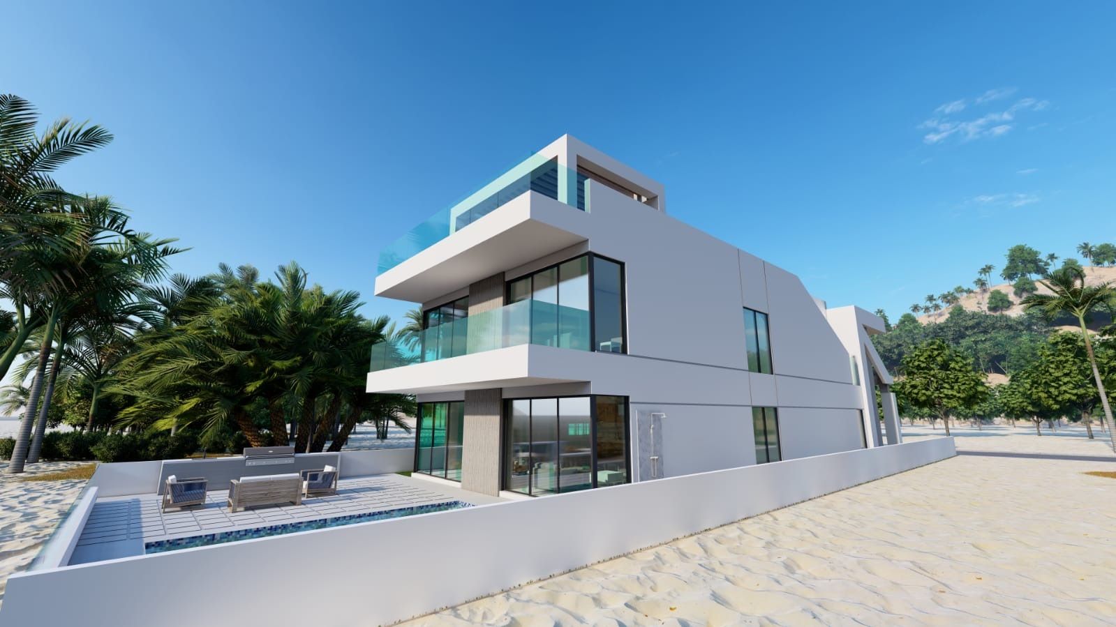 An artist 's impression of a modern house on the beach.