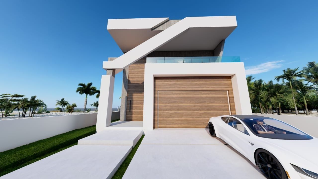 A white car is parked in front of a modern house.