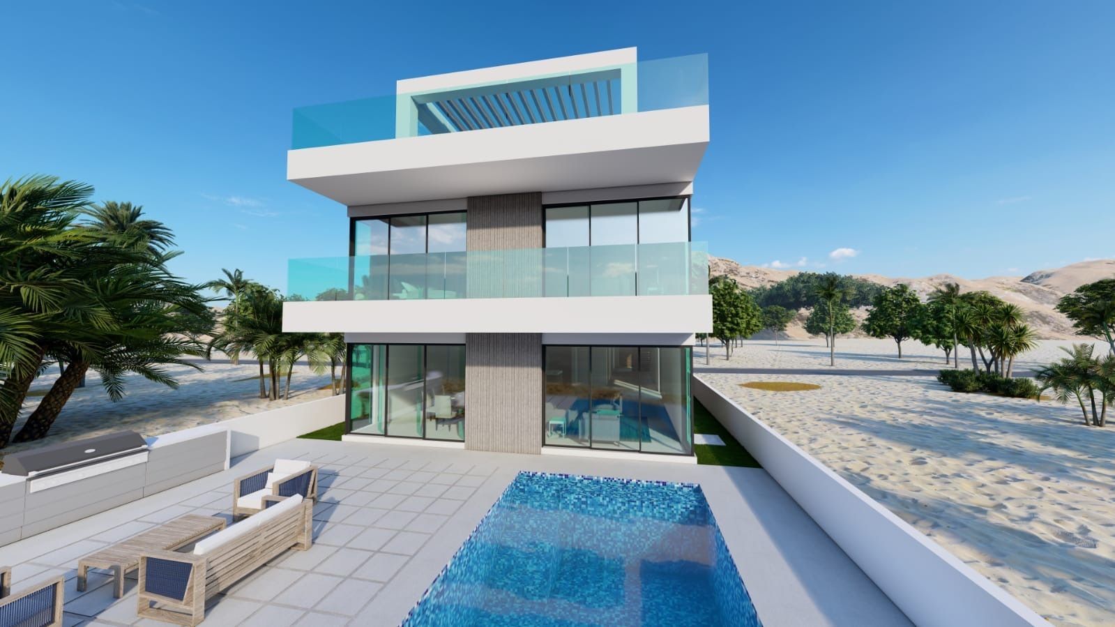 A modern house with a swimming pool in front of it.