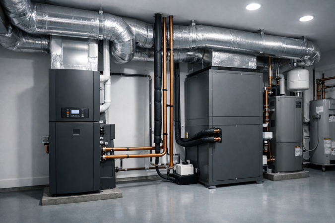Industrial boiler room with large gray HVAC units, copper pipes, and ductwork in a clean mechanical room