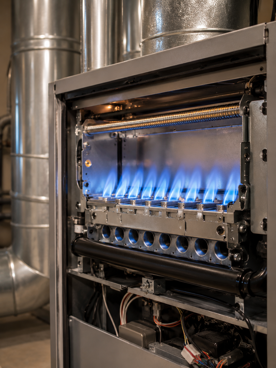 Blue gas flames in an industrial boiler or furnace with metal piping and panels