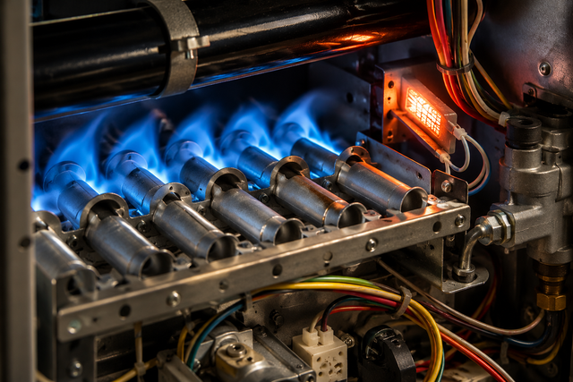 Blue flames heat metal burners inside an industrial machine with visible pipes and wiring