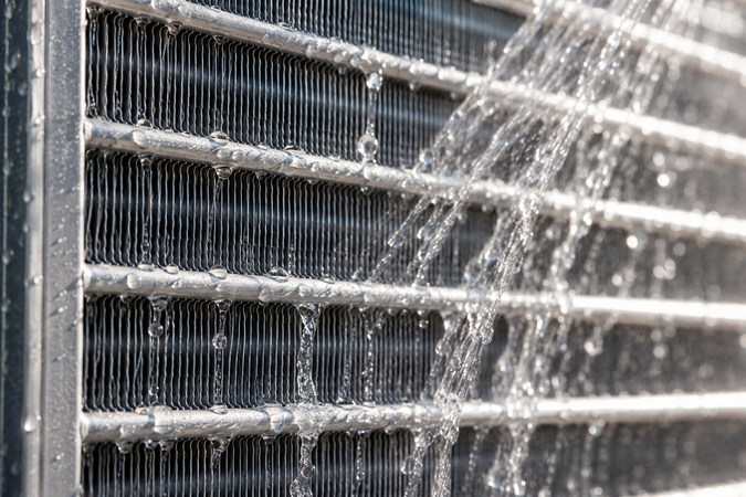 Close-up of a wet metal radiator or air conditioner grille with water spraying across it