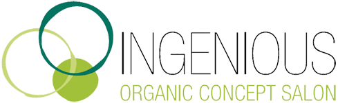 Logo for Ingenious Organic Concept Salon: overlapping green circles and text.