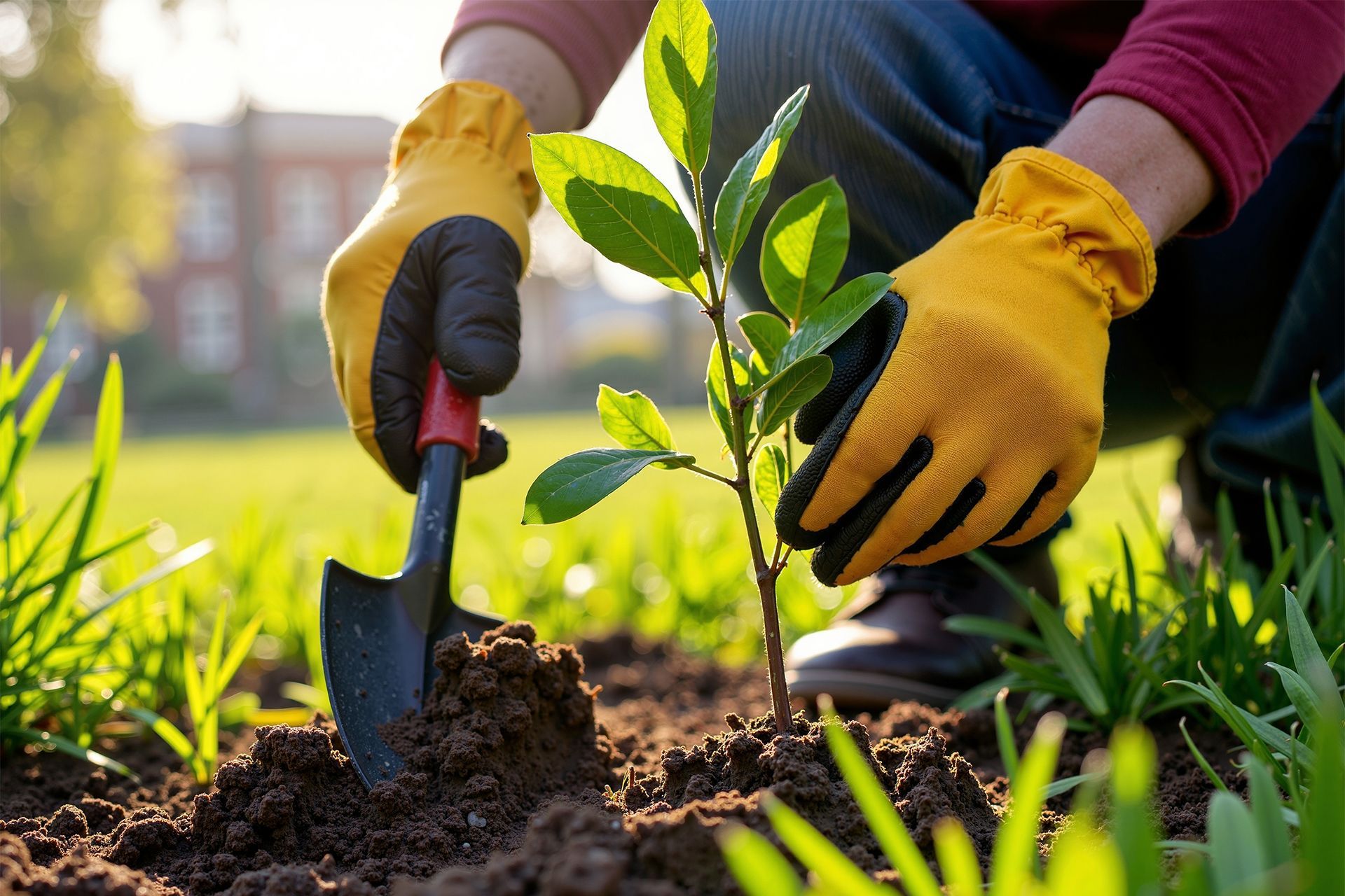 Person planting a small tree in a grassy area, wearing yellow gloves, holding a trowel.