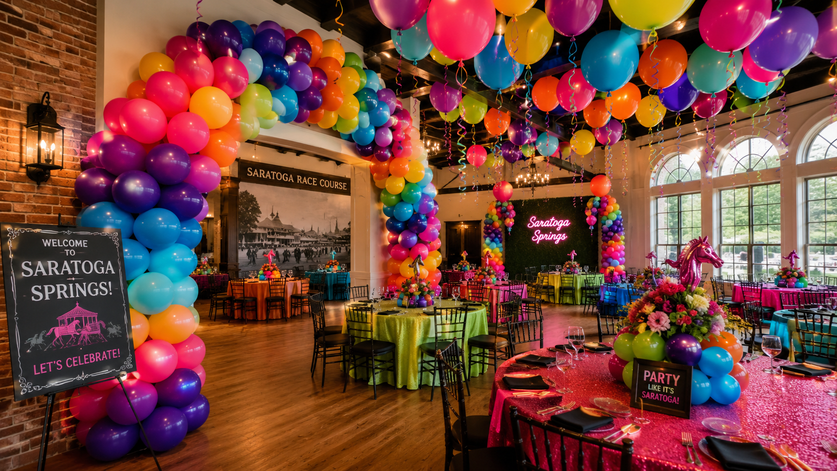 balloon decor ideas at Saratoga Springs event with colorful balloon arches
