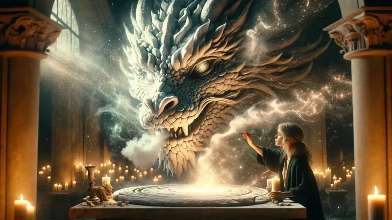 A girl is standing in front of a dragon in a room with candles.