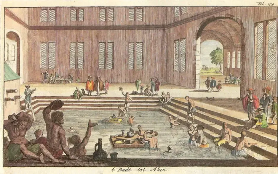 A painting of people swimming in a pool in a building.