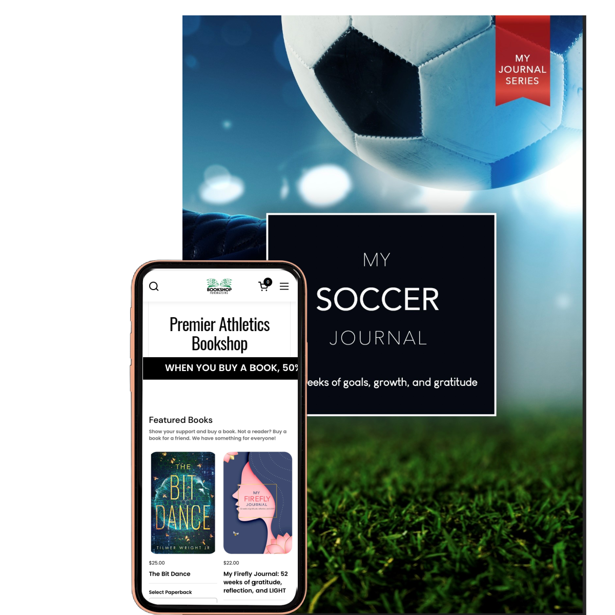 A book called my soccer journal is next to a cell phone