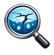 Magnifying glass over cracked blue water with droplets, suggesting water damage or drought.