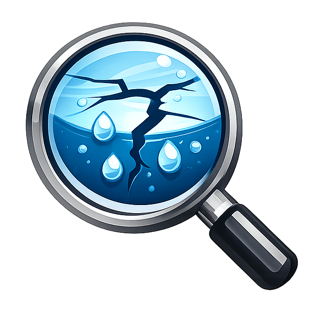 Magnifying glass over cracked blue water with droplets, suggesting water damage or drought.
