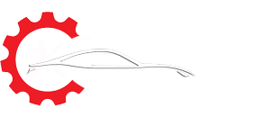 Red gear shape with a car silhouette.