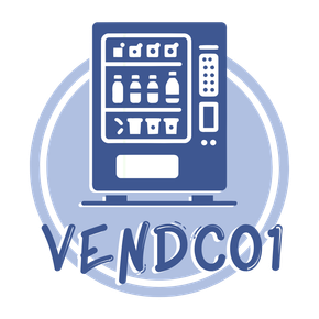 VendCo1 vending machine logo with various drinks and snacks displayed.