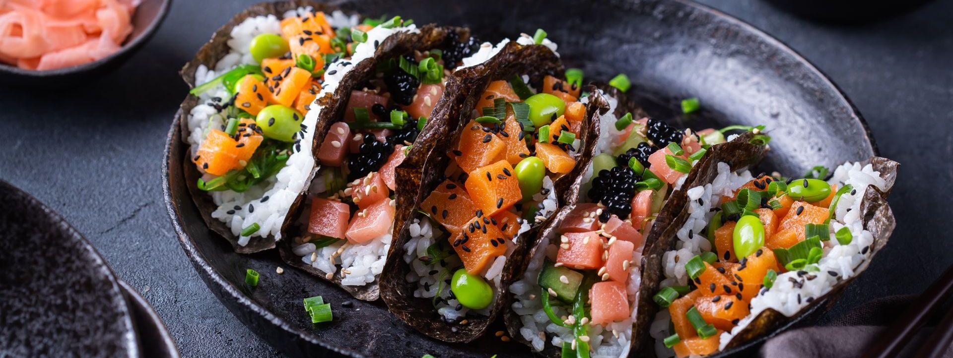 vegan sushi tacos with plant based salmon and tuna