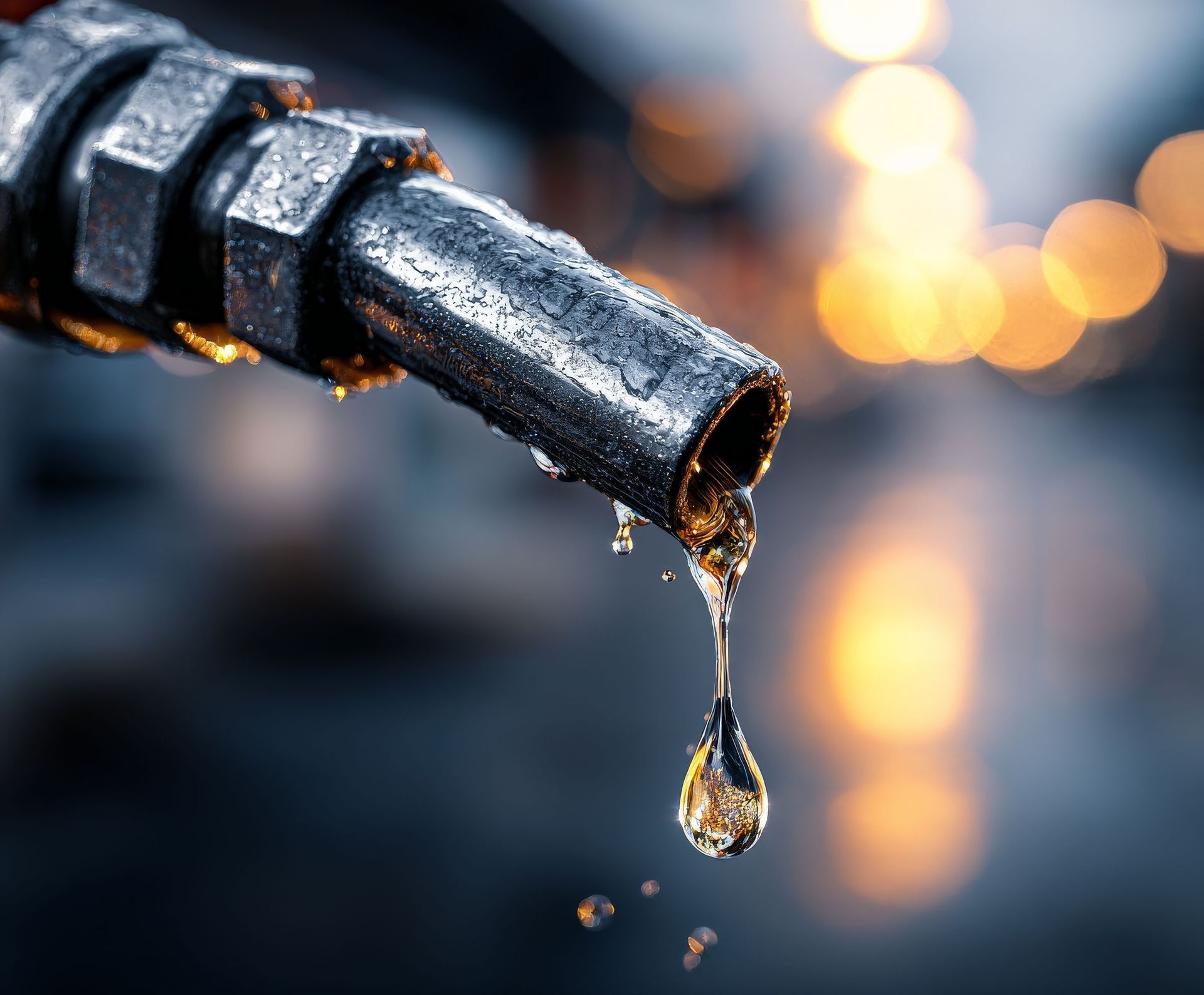 Close-up of a fuel supplier nozzle dripping liquid gold oil against a bokeh industrial background.