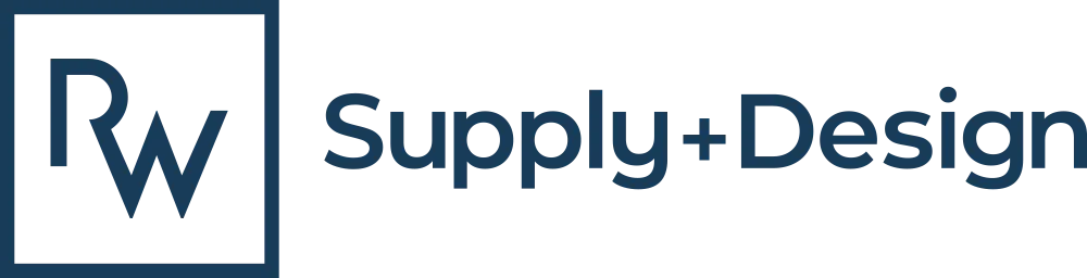 The logo for rw supply + design is blue and white.