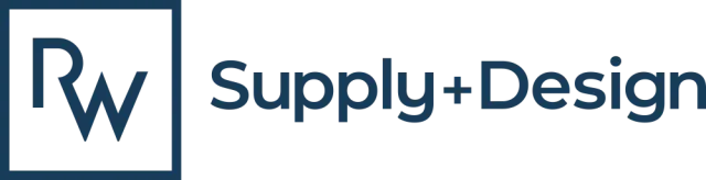 The logo for rw supply + design is blue and white.