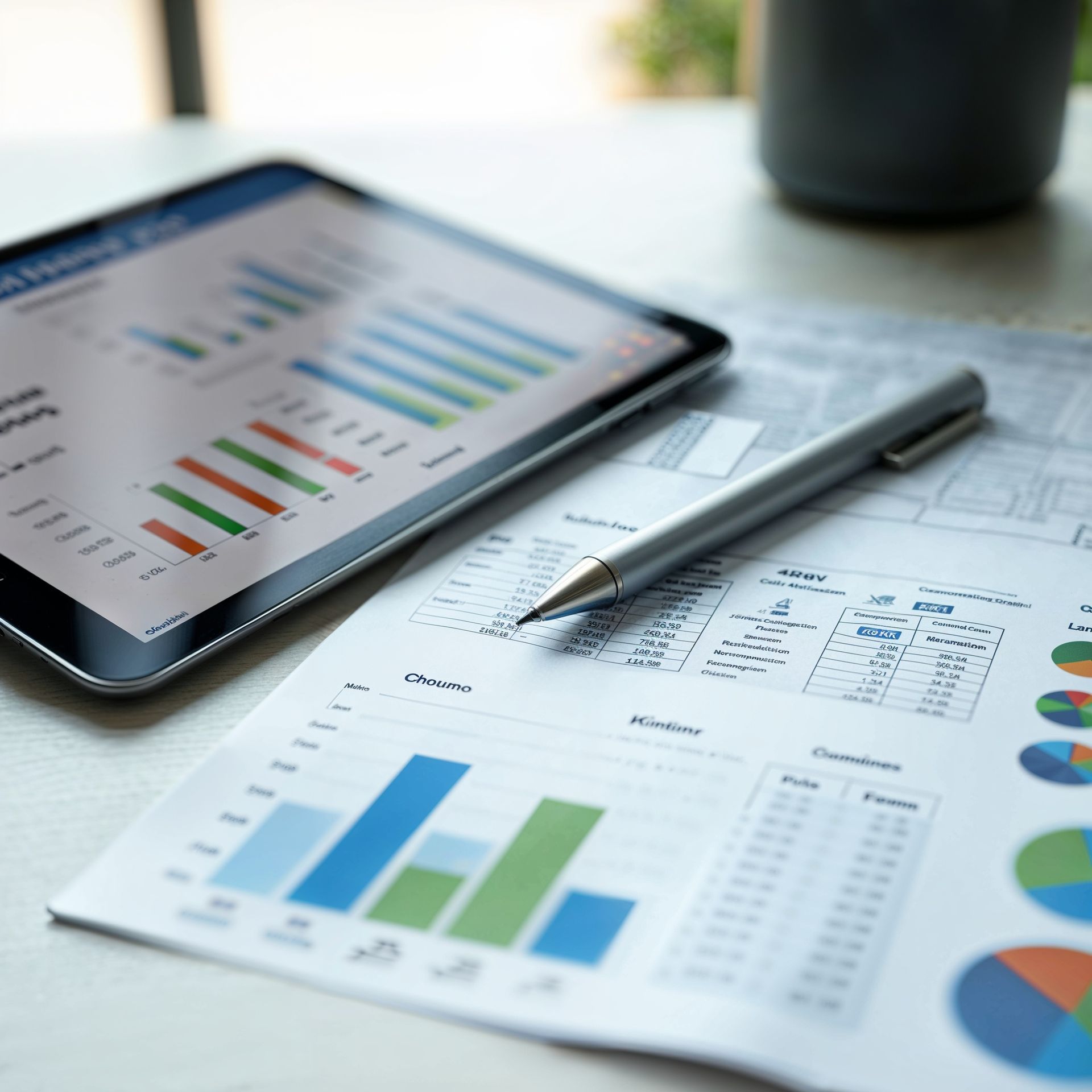 Tablet displaying charts and graphs, with printed report, pen, and mug on table.
