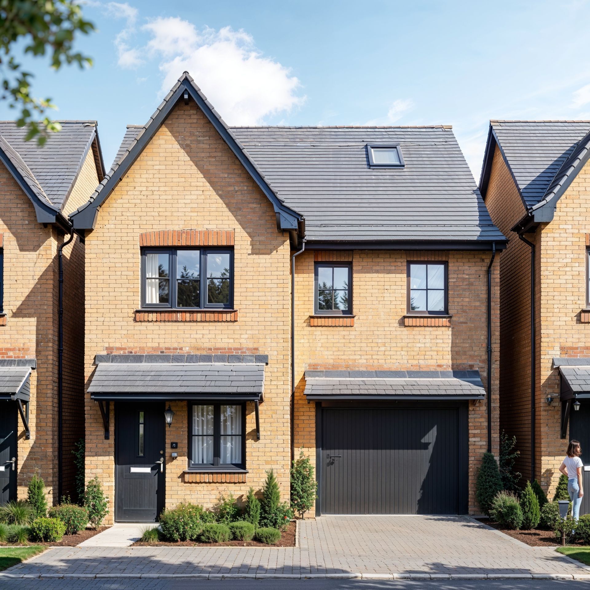 Yellow brick detached home with black trim, garage, and a person standing outside.