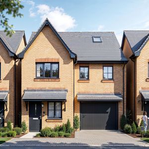 Yellow brick detached home with black trim, garage, and a person standing outside.