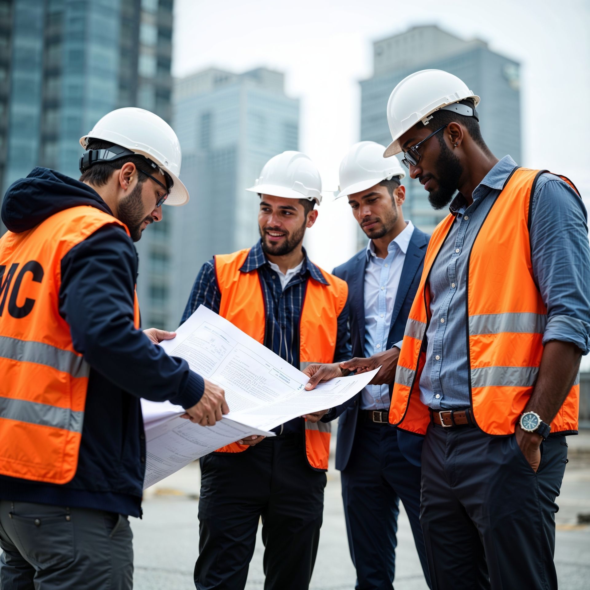 Construction workers in hard hats and vests review blueprints outdoors.